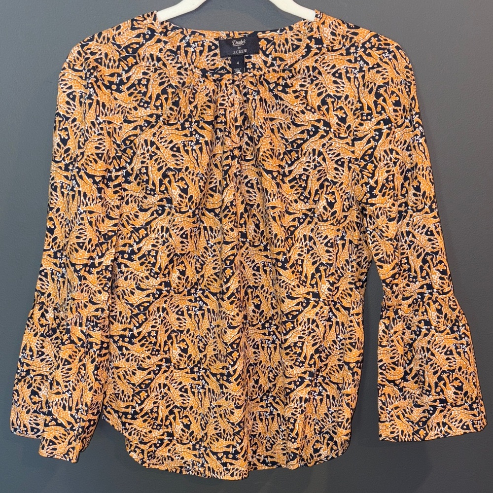 J. Crew Drakes London size 4 giraffe navy and Orange Patterned Blouse